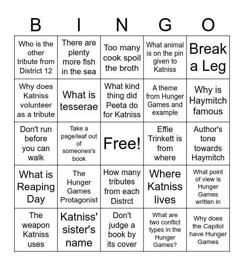 Hunger Games/Idioms Bingo Card