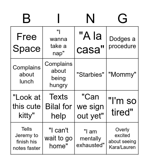 Grace's ICU Bingo Card