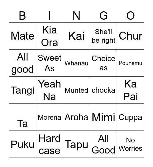 Kiwi Slang Bingo Card