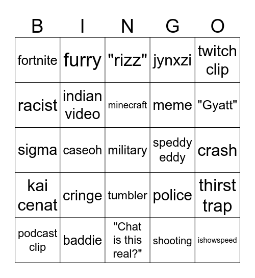 Youtube shorts Bingo Card