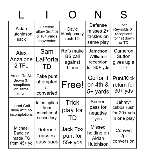 Lions v. Bucs Bingo Card