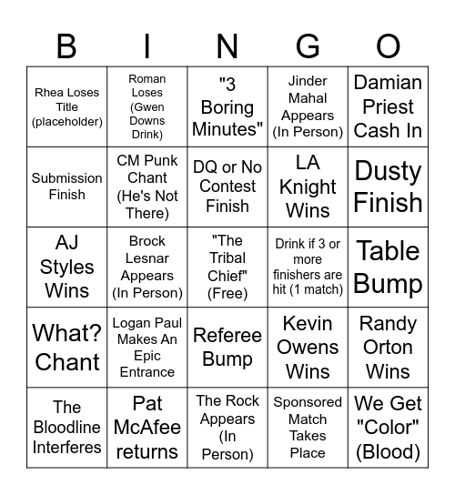 Royal Rumble 2024 Show Bingo Card! Bingo Card