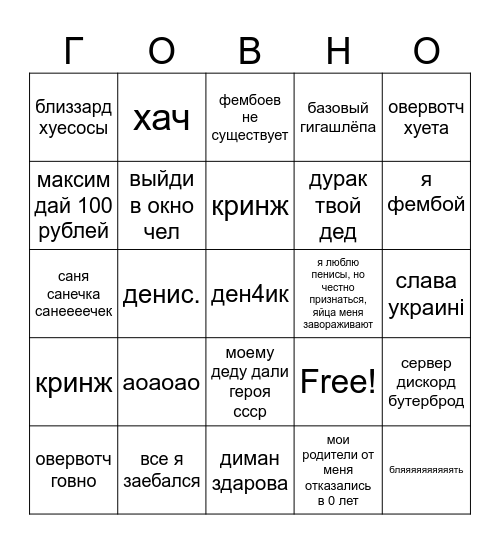 Бинго говнп Bingo Card