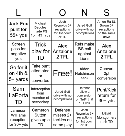 Lions vs. Bucs Bingo Card