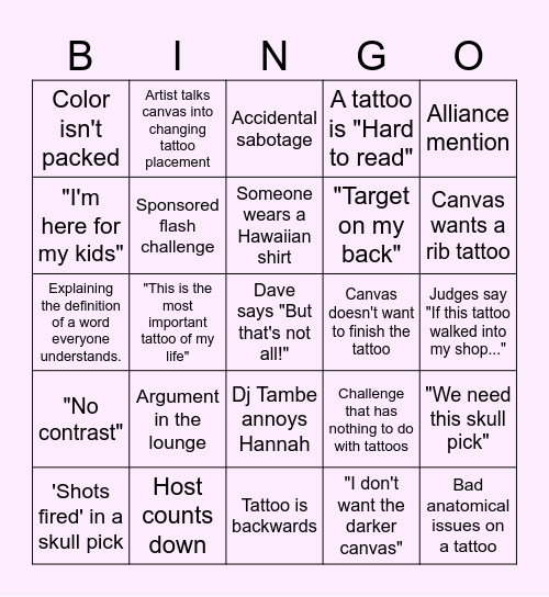 Ink Master Bingo Card