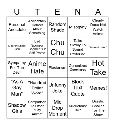 Somerton's Wack Opinions On Anime Bingo Card