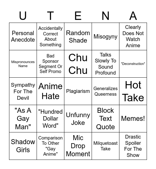 Somerton's Wack Opinions On Anime Bingo Card