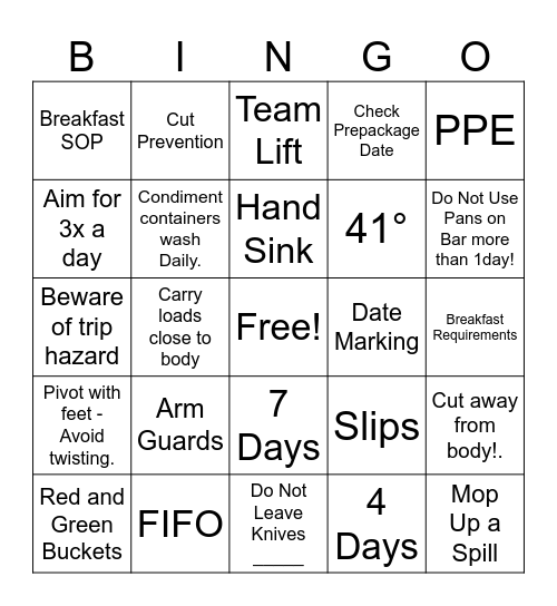 Safety BINGO Round 2 - Chartwells Beloit Bingo Card