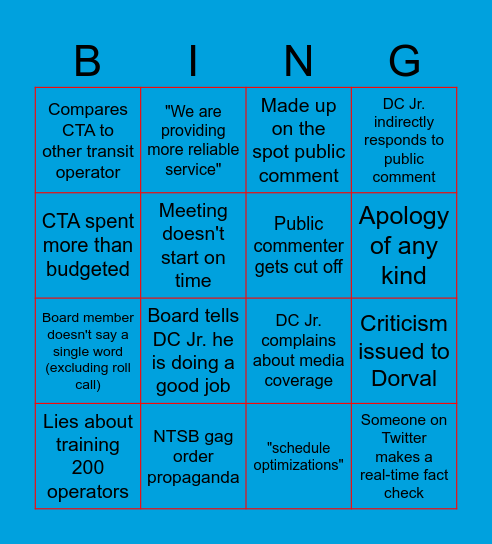 CTA Board Meeting Bingo Card