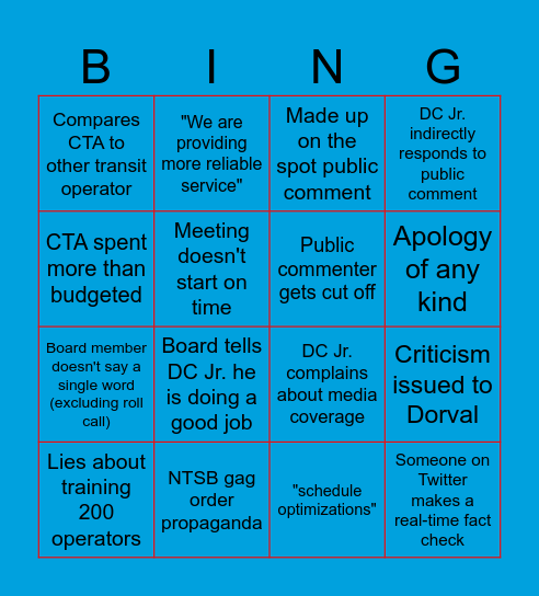 CTA Board Meeting Bingo Card