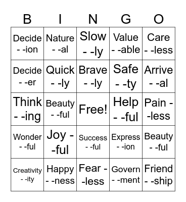 Word Building w/ Suffixes Bingo Card