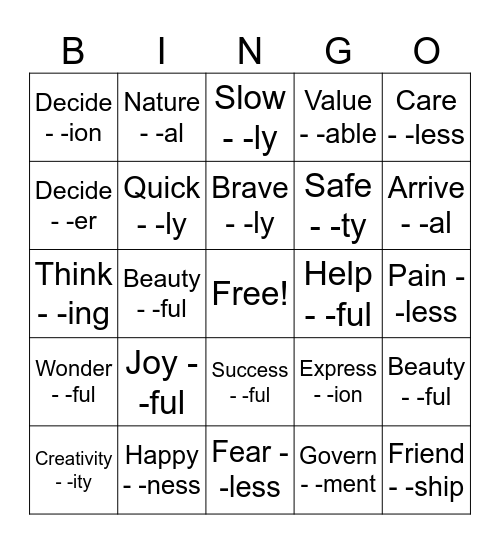 Word Building w/ Suffixes Bingo Card