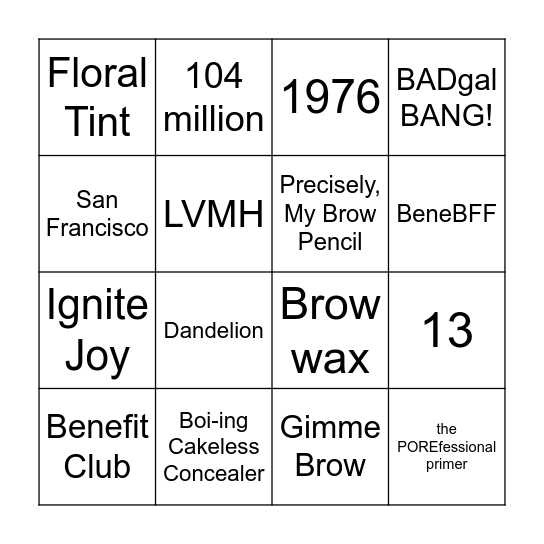 Benefit Cosmetics Bingo Card