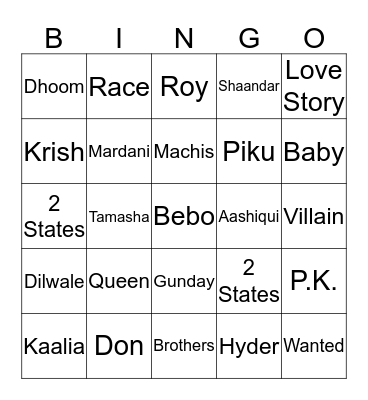 Bollywood Bingo  Bingo Card