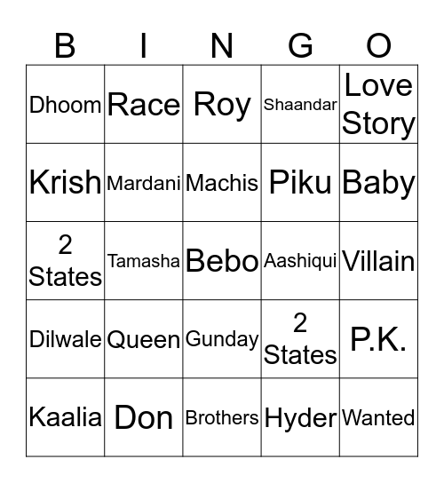Bollywood Bingo  Bingo Card