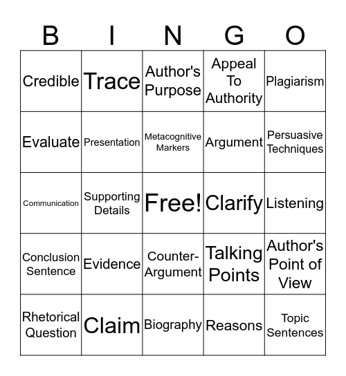 Quarter 4 Vocabulary Words Bingo Card