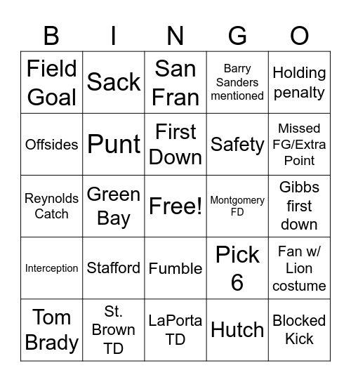 Lions Playoff vs Bucs Bingo Card