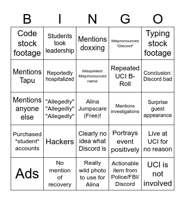UCI Gore Raid News Bingo Card