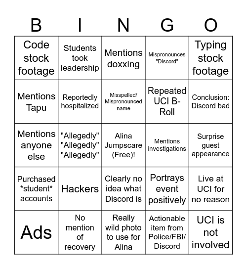 UCI Gore Raid News Bingo Card