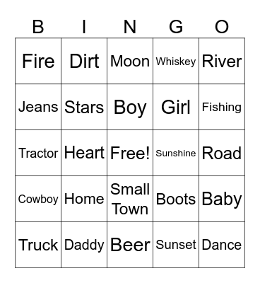 Country Music Words Bingo Card