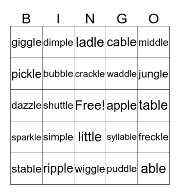 Final Stable Syllable Bingo Card