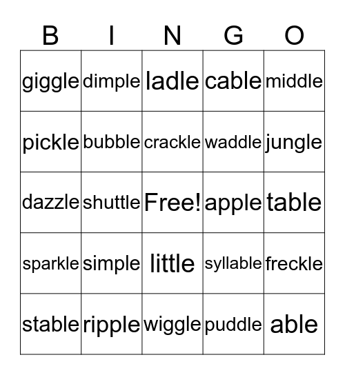 Final Stable Syllable Bingo Card