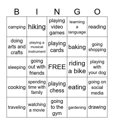 Free Time Activities Bingo Card
