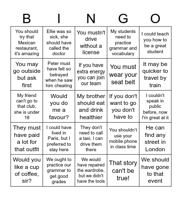 Modal Verbs Bingo Card