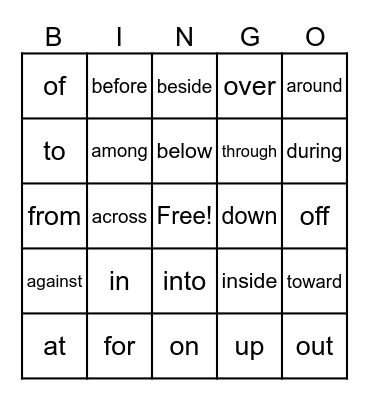 PREPOSITIONS Bingo Card