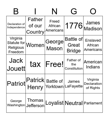 Revolutionary War Bingo Card