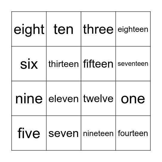 Number 1-20 Bingo Card