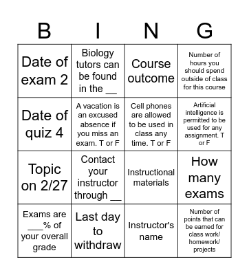 Syllabus Bingo Card