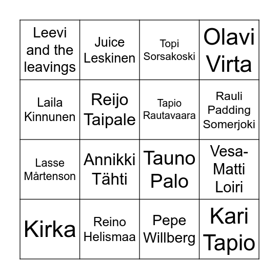 Musiikkibingo Card