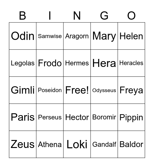 Mythology Bingo Card