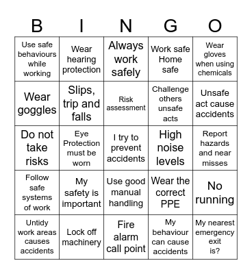 Health and Safety Bingo Card