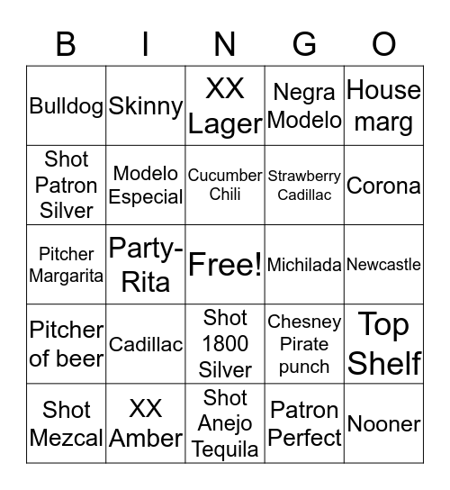 Liquor contest Bingo Card