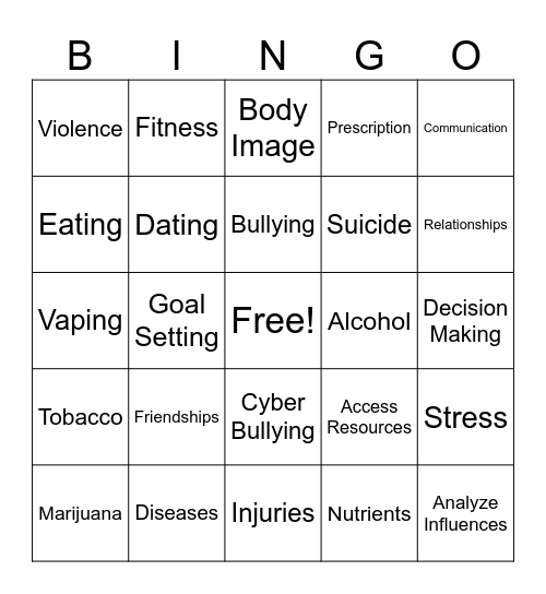 Health Class Day #1 Bingo Card