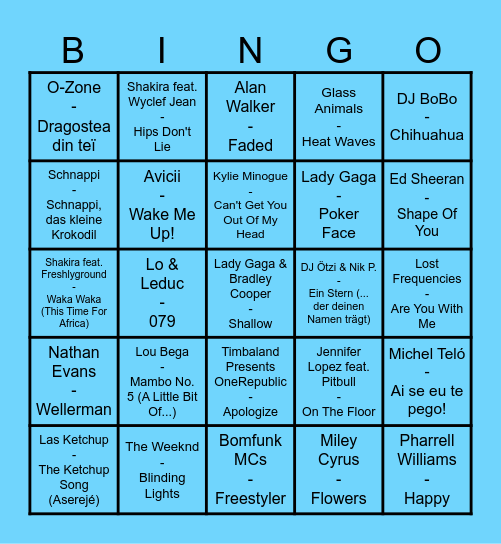 MUSIC Nr. 1 Hits Bingo Card