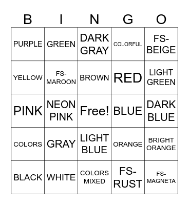 ALL ABOUT COLORS Bingo Card