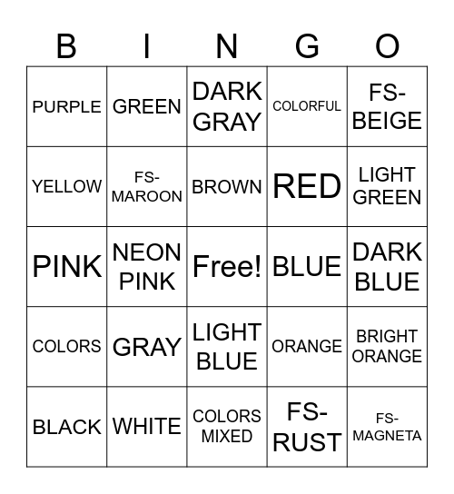 ALL ABOUT COLORS Bingo Card
