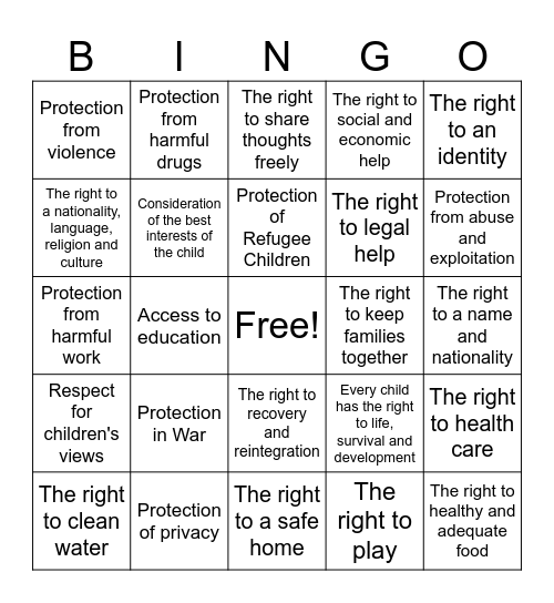 Convention on the Rights of the Child Bingo Card