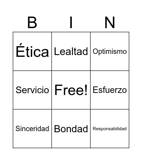 Valores Bingo Card