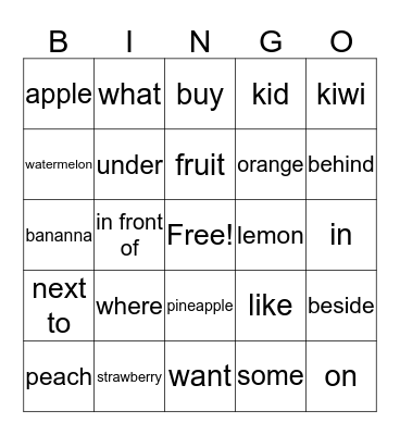 Fruit&preposition Bingo Card