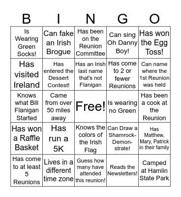 Reunion Bingo Card