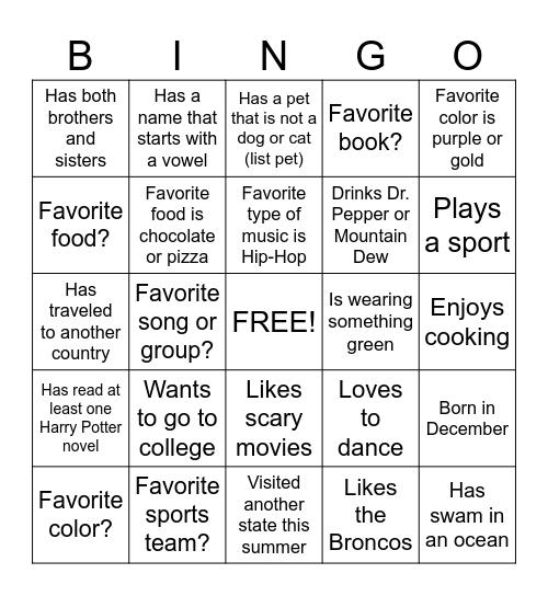 Getting to Know You Bingo Card