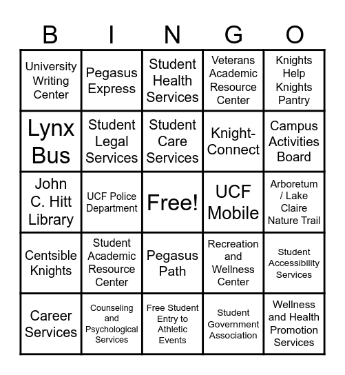 Northview's UCF Resources Bingo Card