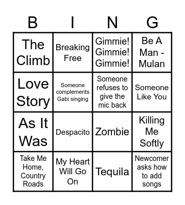 Karaoke Bingo Card