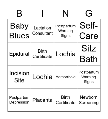 Postpartum Care Bingo Card