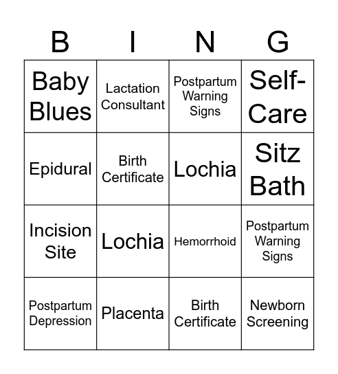 Postpartum Care Bingo Card