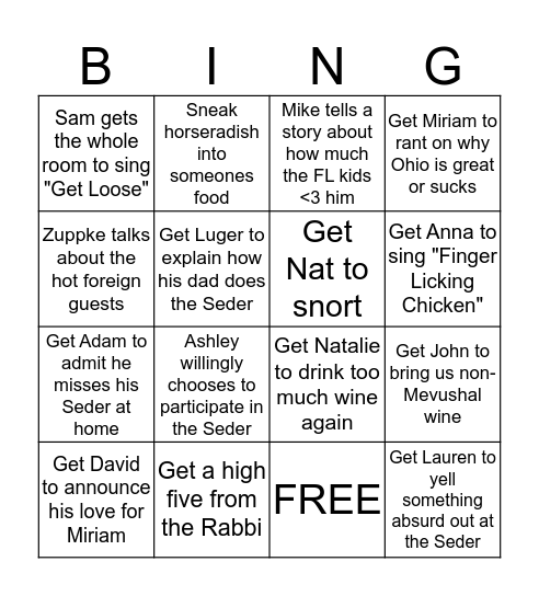 Seder BINGO (Becca) Bingo Card